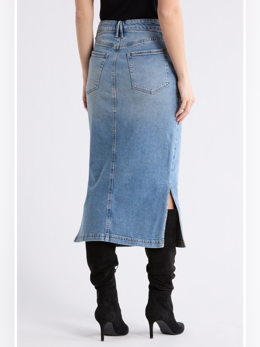 Good American Light Blue Denim Midi Skirt with Side Slits - Picture 2 of 8
